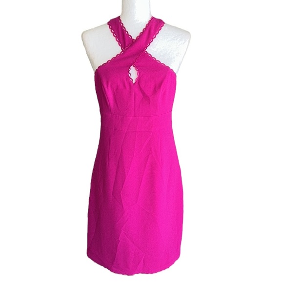 Trina Turk Rafter Hot Fuchsia Pink Scalloped Cutout Halter Mini Dress - 2 - Picture 4 of 15